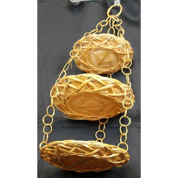 Vtg Boho Tan Beige Woven Bamboo 3 Tiered 19" Hanging Fruit Kitchen Plate Basket - Picture 5 of 11